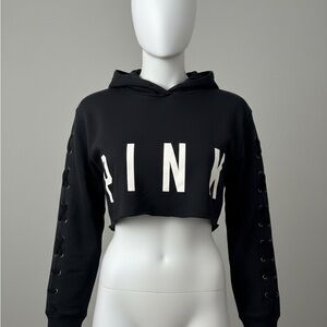 PINK Cropped Hoodie Black Lace Up Sleeves Y2K Athleisure XS